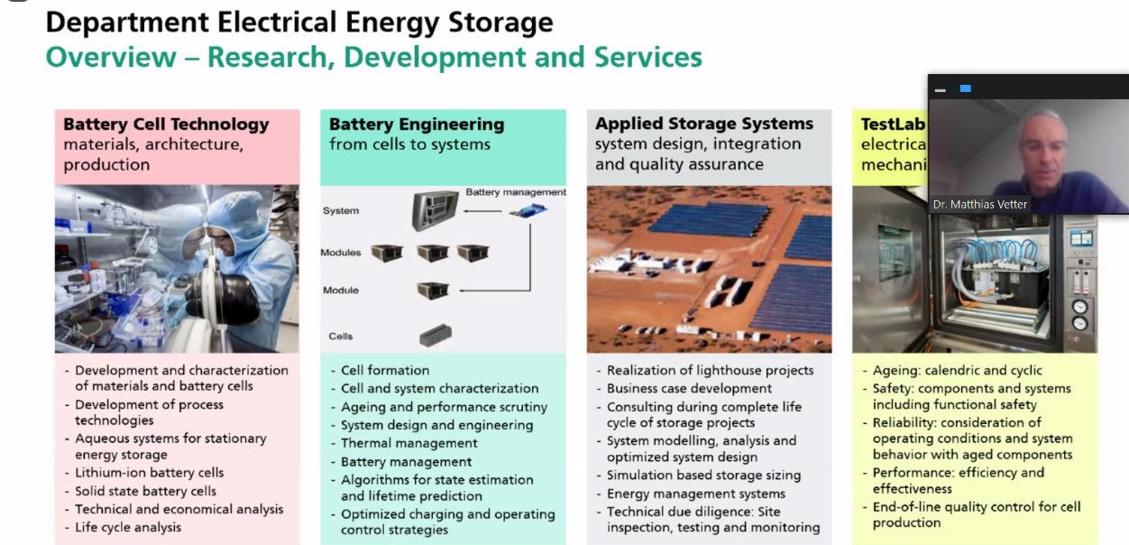Slide shot of Dr. Matthias Vetter, Head of Department (Electrical Energy storage) at Fraunhofer Institute for Solar Energy Systems ISE, Germany presenting at IESW 2022.