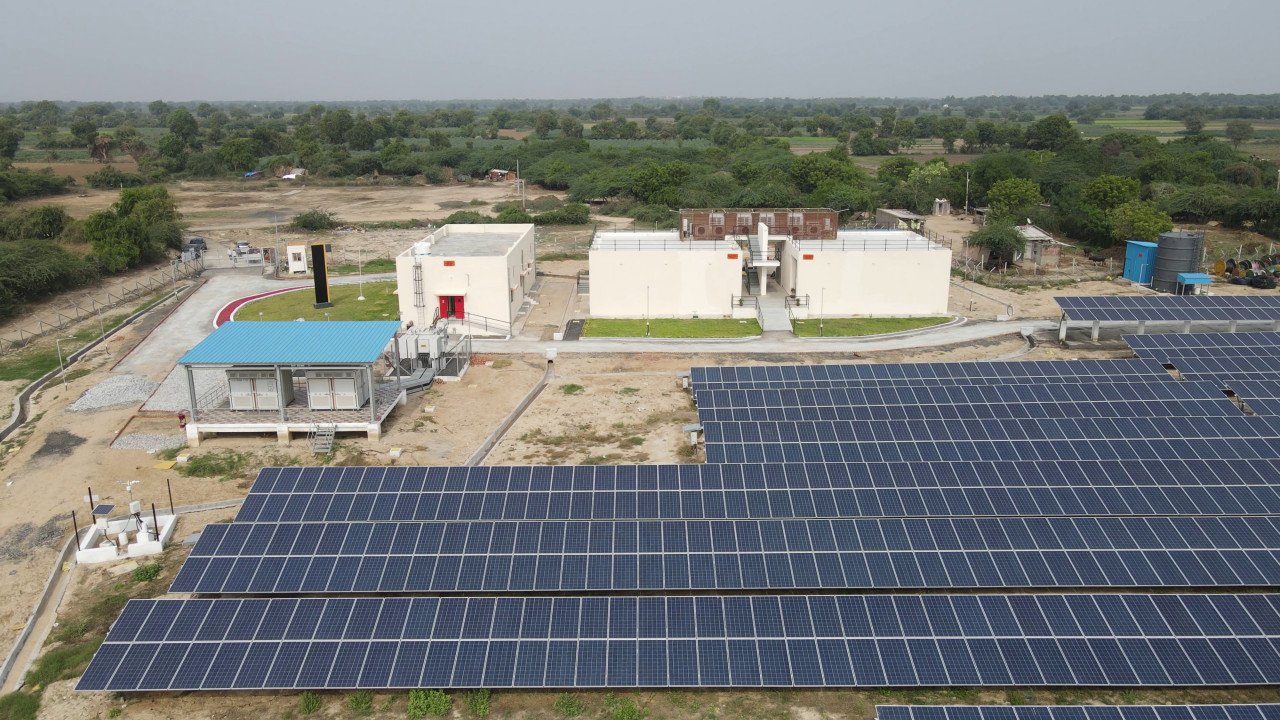 A view of the 6MWp solar photovoltaic system (solar PV) and 15MWh battery energy storage system (BESS) hybrid project deployed at the town of Modhera, Mehsana District, in the State of Gujarat, India.