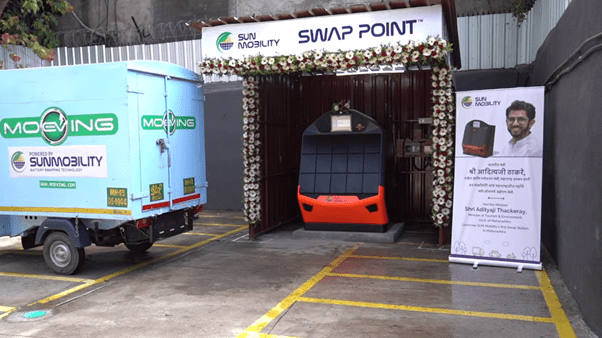 SUN Mobility's first battery-swapping point in Mumbai.