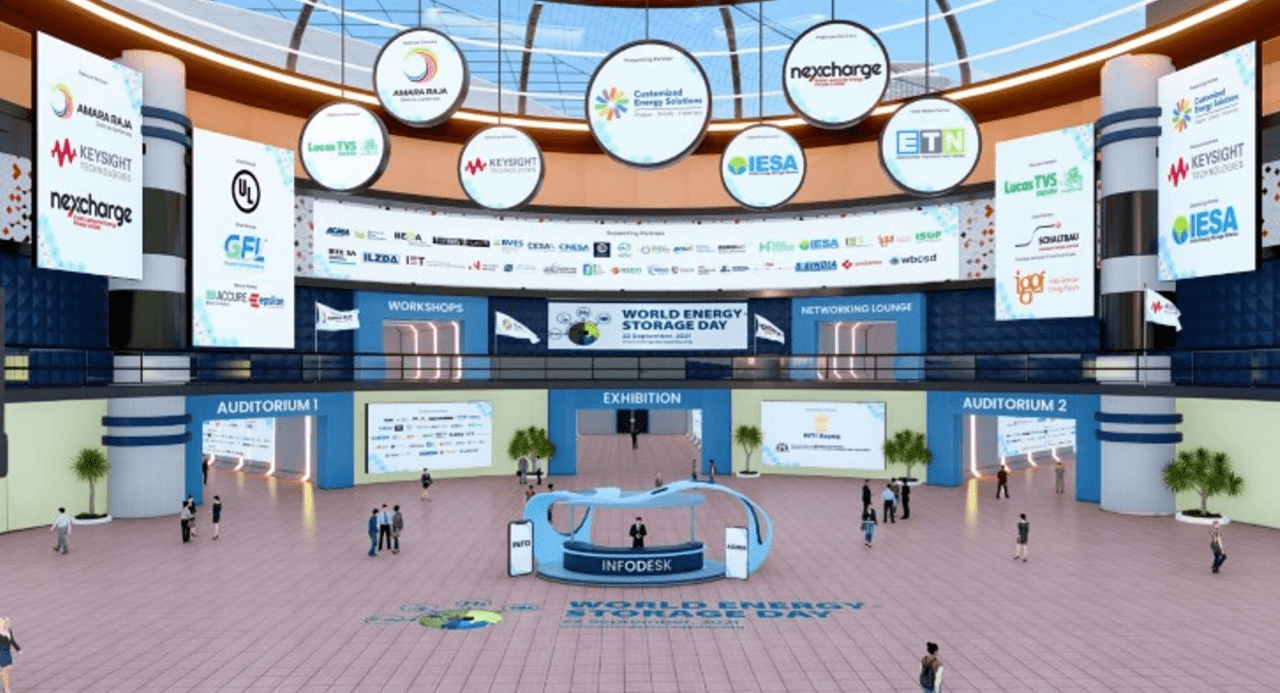 An artistic rendition of World Energy Storage Day 2022 - Virtual Conference & Expo, lobby area.