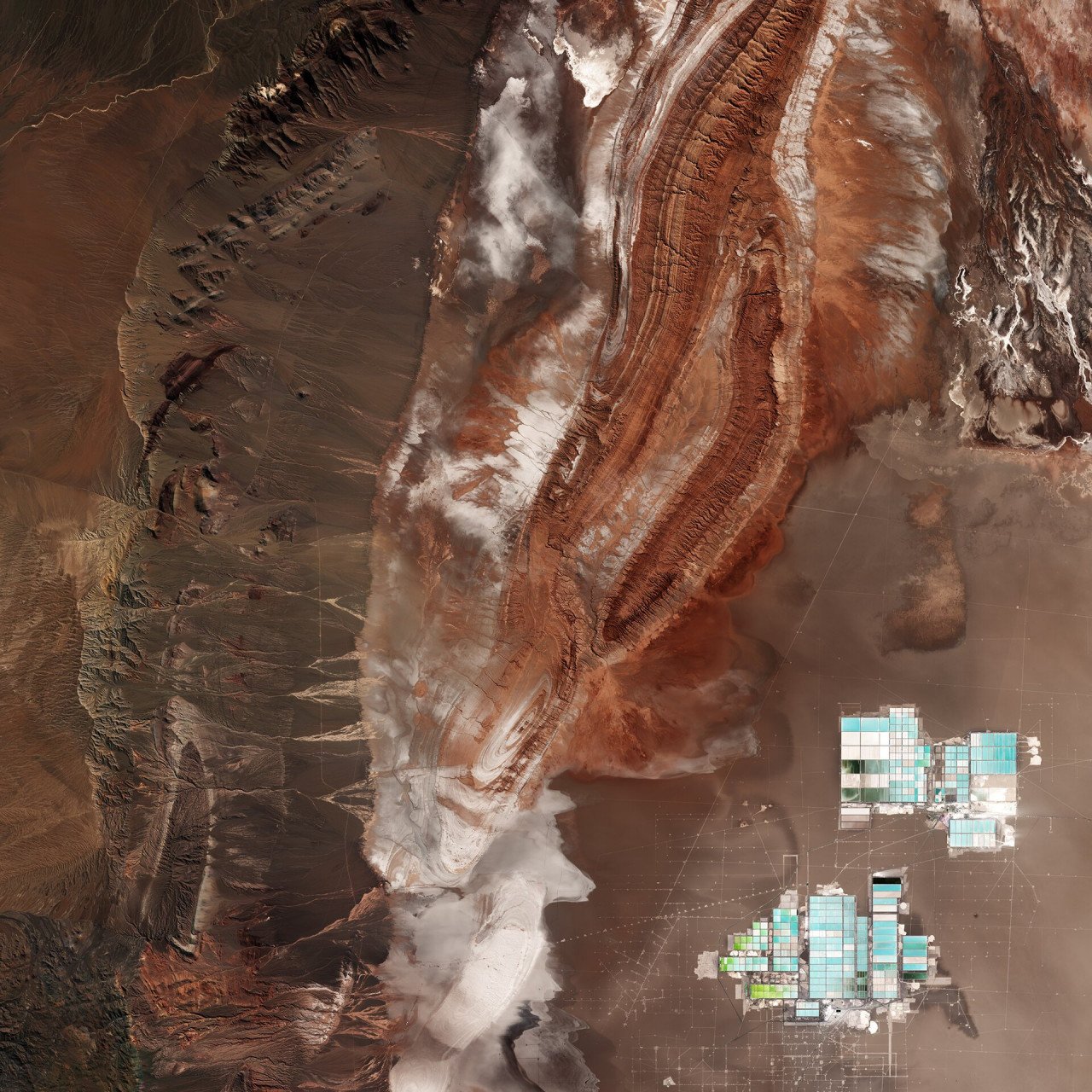 An aerial view of Salar_de-Atacama, salt mine in Chile.