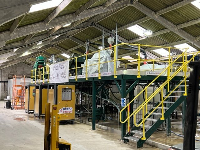 British Lithium's pilot plant in Cornwall, UK. The world’s first end-to-end lithium pilot plant treating the lithium mica granites that are extensive in Cornwall, beneficiating the mica and producing high-purity, battery-grade lithium carbonate.