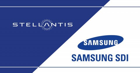 Logos of Stellantis and Samsung-SDI