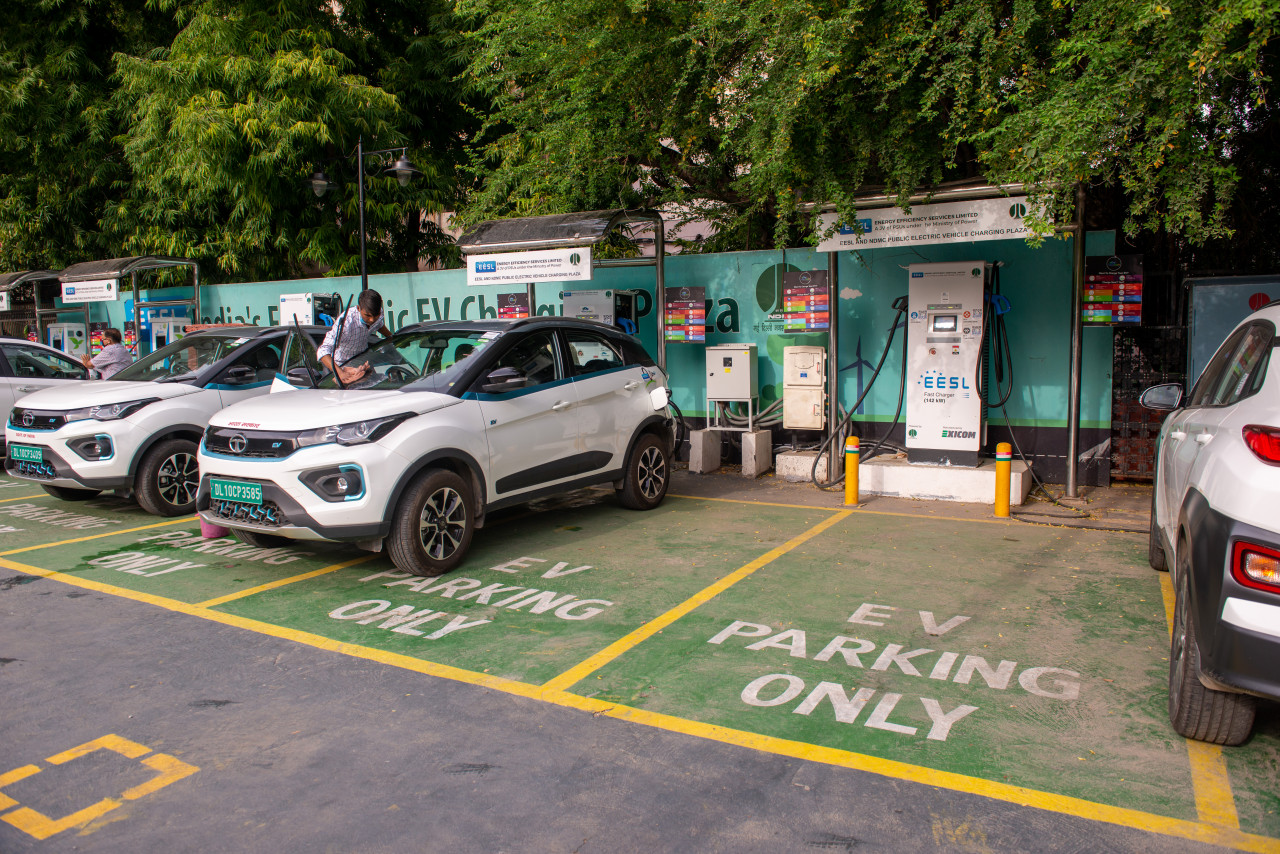 An image of electric vehicles parked at EV parking spot in India.