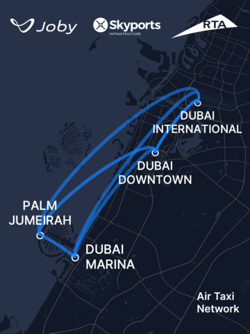 An image of Joby Aviation's Dubai Air Taxi Route Map. 