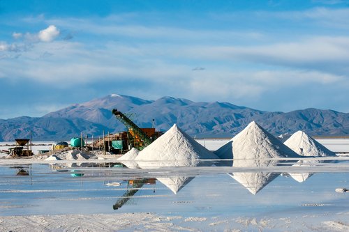 An image of Salinas Grandes mine located in northern Argentina in Jujuy Province. It is one of the largest lithium mines in Argentina.